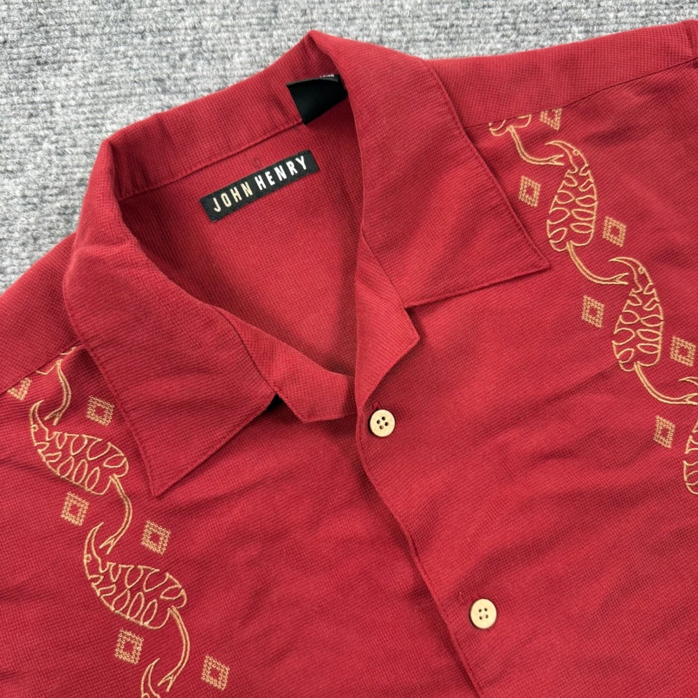 John Henry Button Up Shirt Medium Red Embroidered Maracas Camp Men's